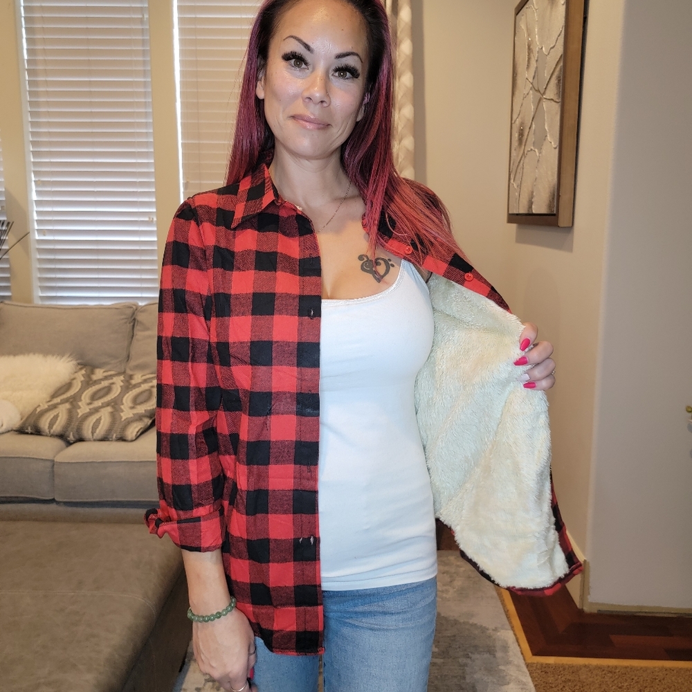 Check Me Out Sherpa Fleece Lined Plaid Flannel Shirt in Red & Black - Picture 10 of 11